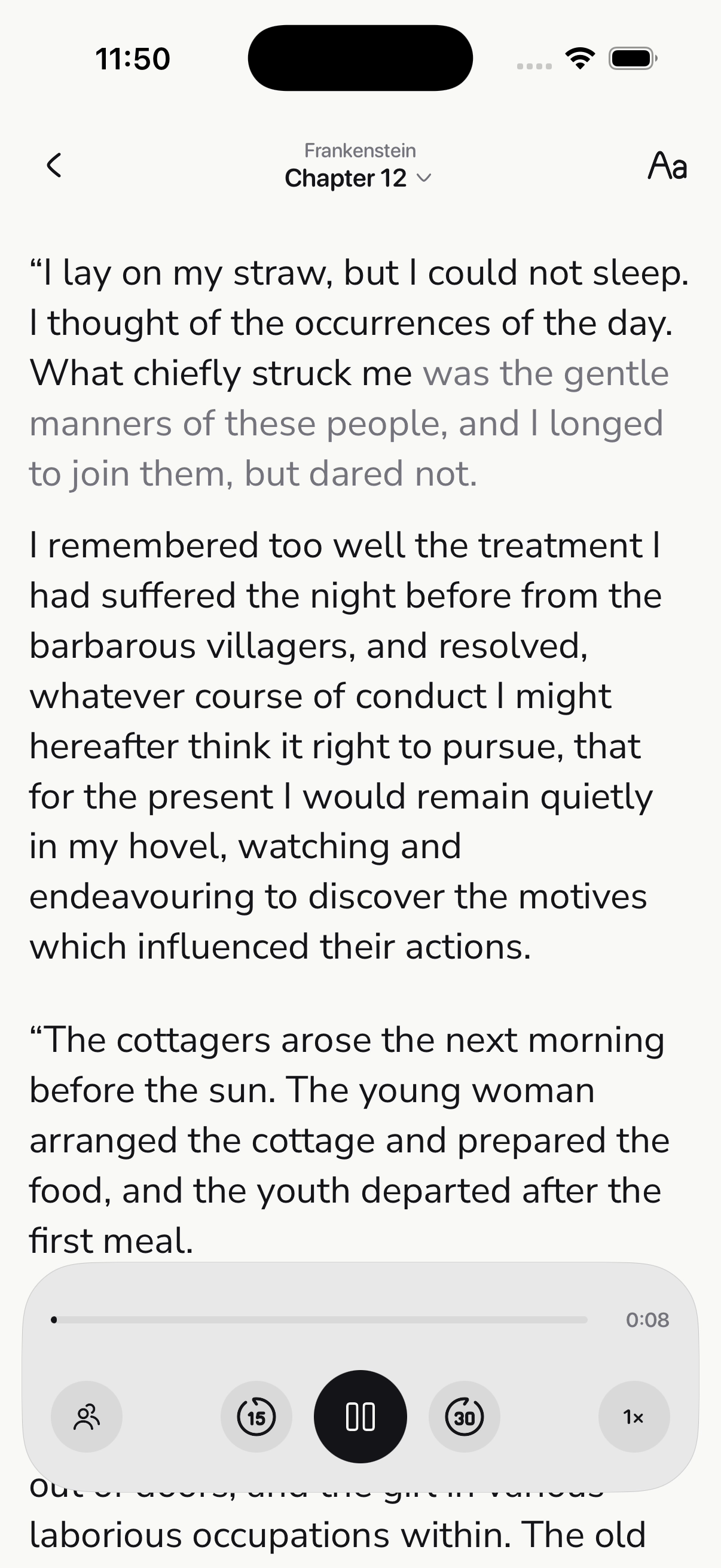 A chapter of Pride and Prejudice playing in ReadIt, with the spoken words highlighted in the text.