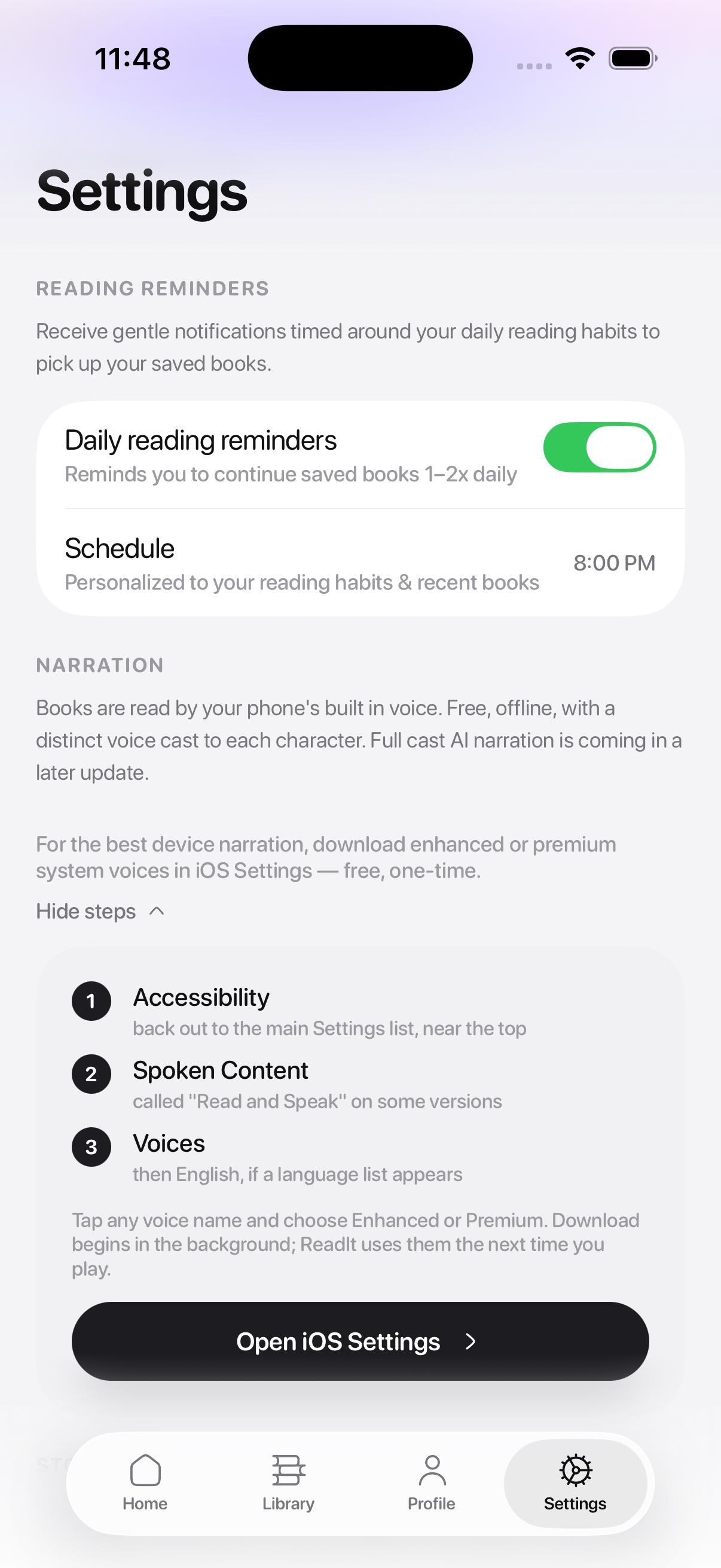 ReadIt settings, showing the built-in voice engine selected, the narration storage controls, and the privacy toggle.