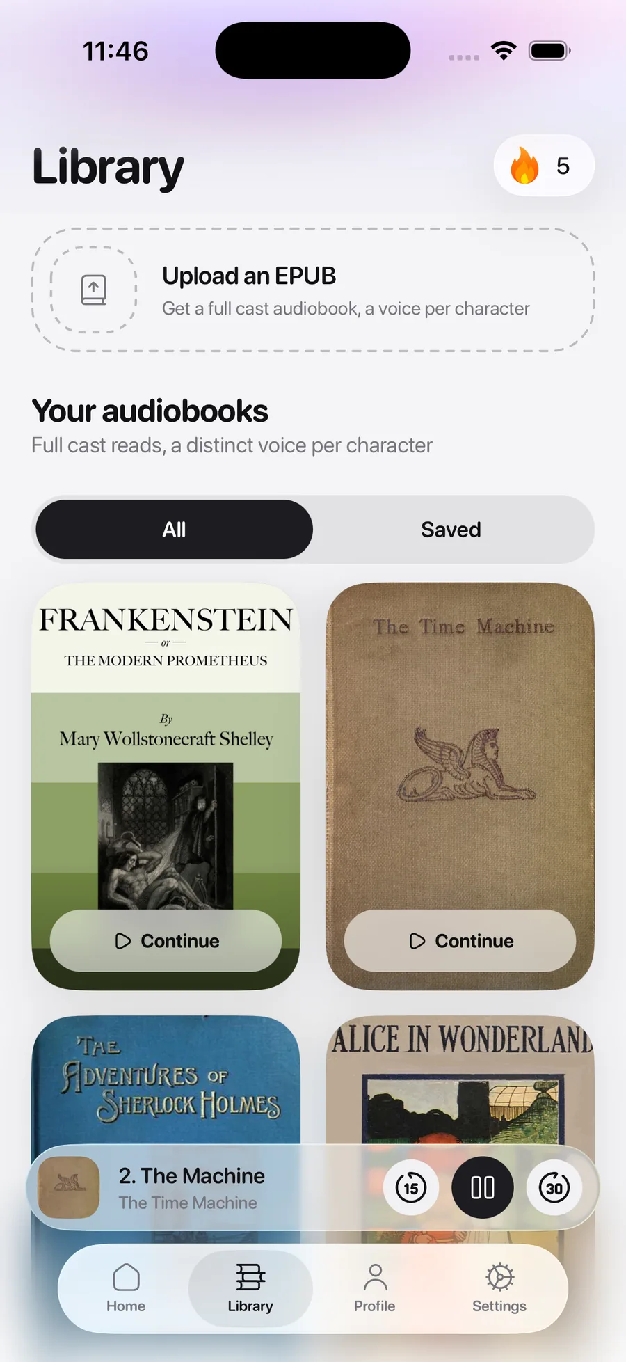 The ReadIt library on first launch: Frankenstein, The Time Machine, The Adventures of Sherlock Holmes, and Alice in Wonderland.