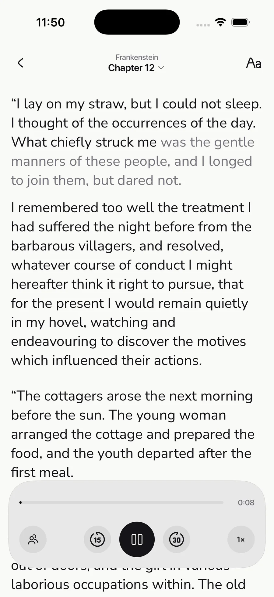 A chapter of Frankenstein playing in ReadIt, the spoken line in ink and the text ahead of it dimmed.